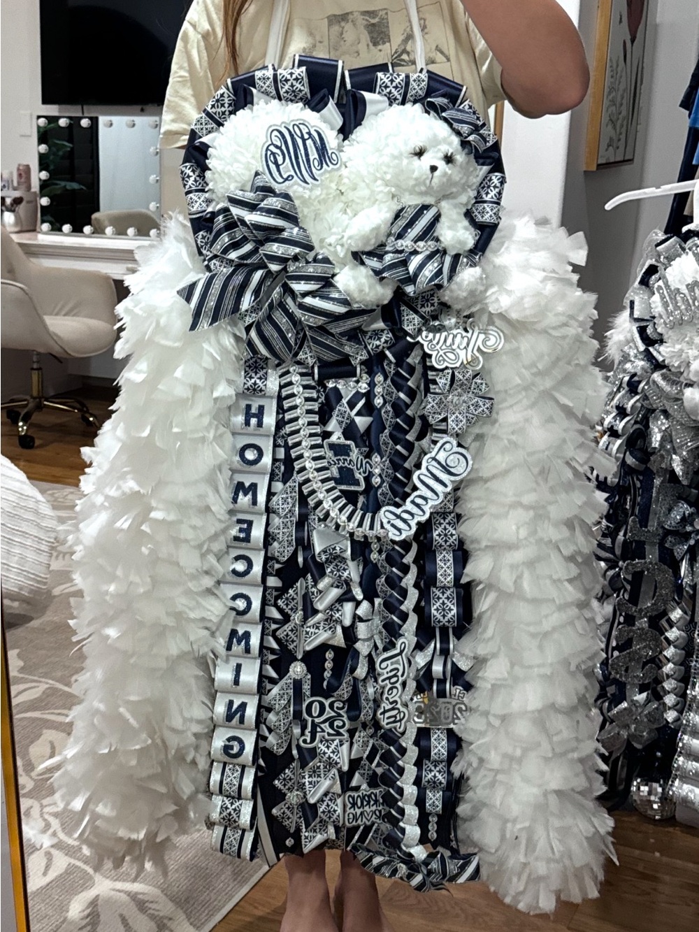 Custom Navy and White Homecoming Mum with Plush Bear- Liberty Christian School